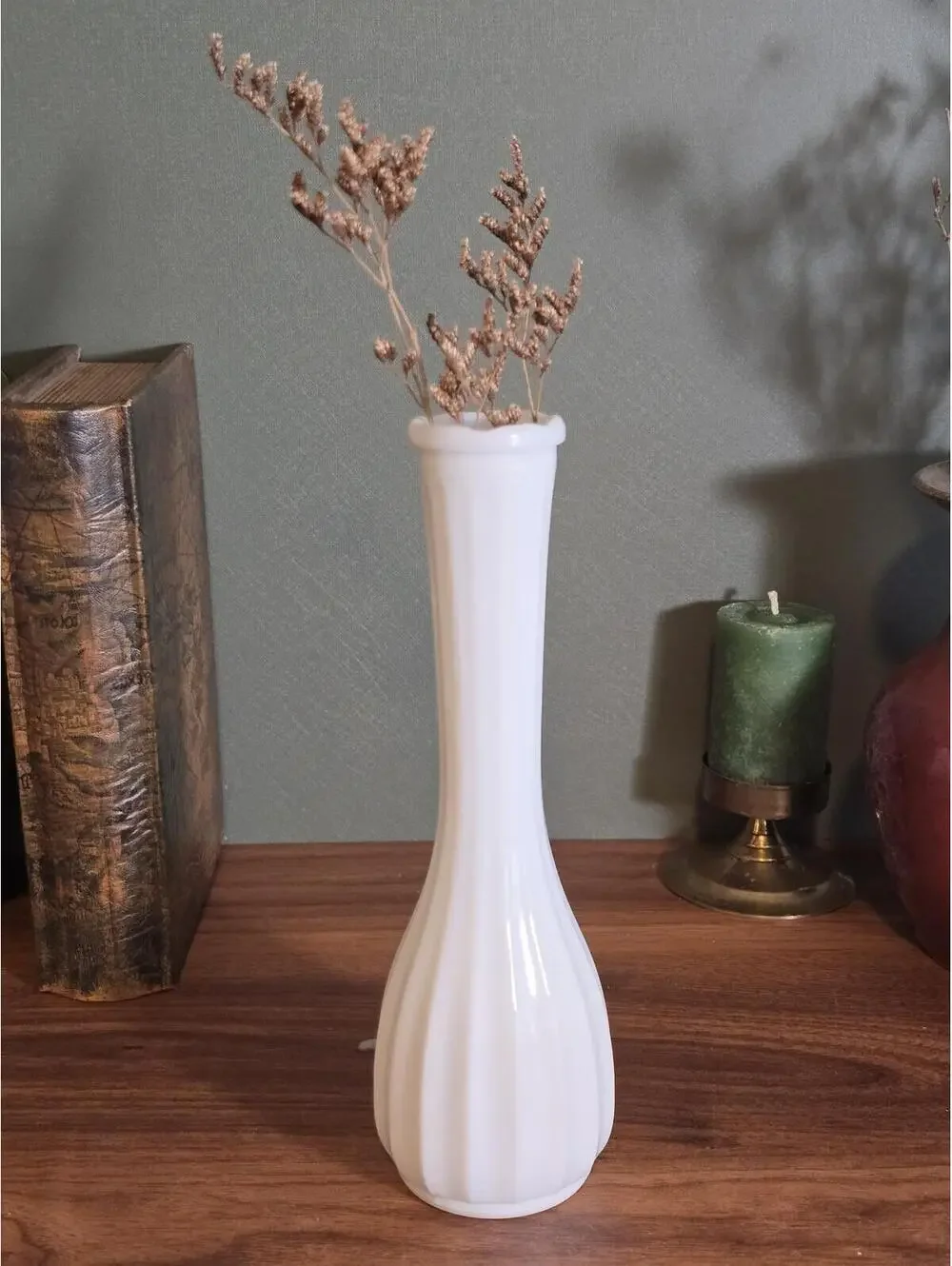 Vintage E.O. Brody Milk Glass Ribbed Melon Base Vase